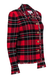 Current Boutique-St. John - Red, Black & White Plaid Fringed Button-Up Knit Jacket Sz 8