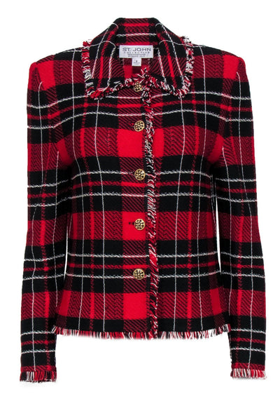 Current Boutique-St. John - Red, Black & White Plaid Fringed Button-Up Knit Jacket Sz 8