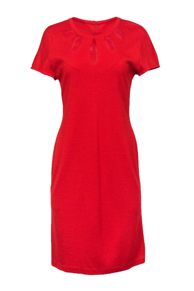 Current Boutique-St. John - Red Knit Cap Sleeve Dress w/ Scalloped Cutouts Sz 6