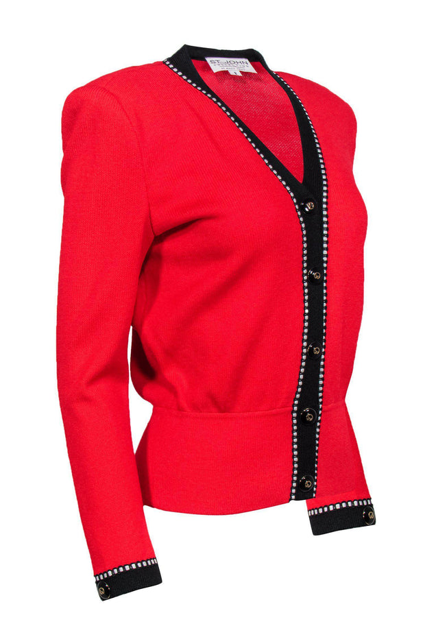 Current Boutique-St. John - Red Knit Cardigan w/ Contrast Piping Sz 8