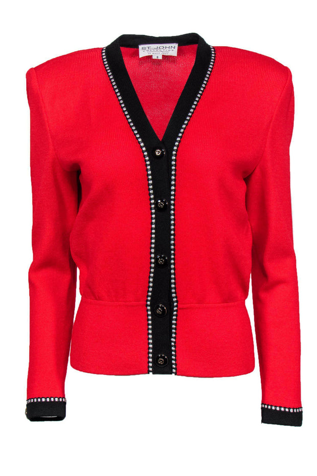 Current Boutique-St. John - Red Knit Cardigan w/ Contrast Piping Sz 8