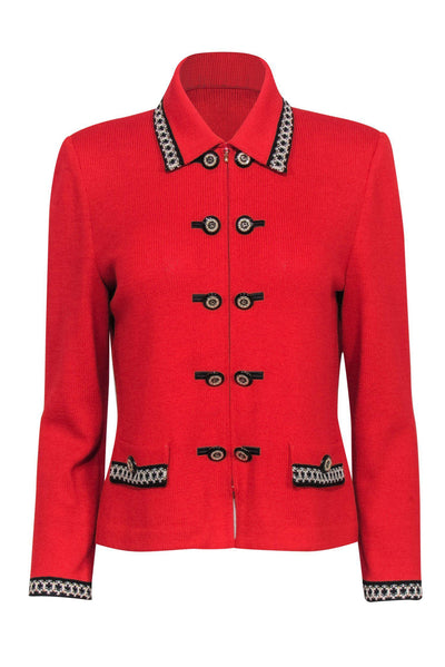 Current Boutique-St. John - Red Knit Zip-Up Jacket w/ Enamel Buttons & Embroidered Trim Sz 4