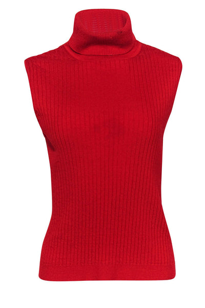 Current Boutique-St. John - Red Ribbed Knit Sleeveless Wool Blend Turtleneck Sweater Sz XL