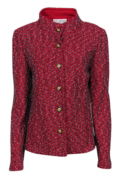 Current Boutique-St. John - Red Textured Knit Jacket w/ Contrasting Buttons Sz 12