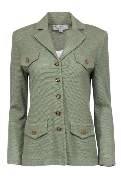 Current Boutique-St. John - Sage Green Woven Knit Golden-Button Jacket Sz 4