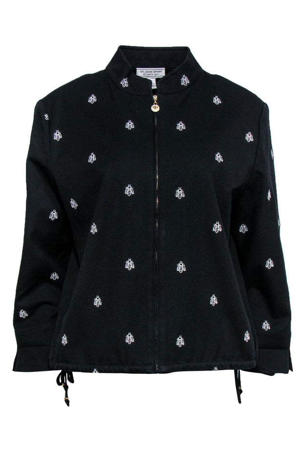 Current Boutique-St. John Sport - Black Bee Embroidered Zip-Up Jacket Sz L