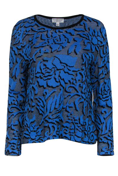 Current Boutique-St. John Sport - Blue Floral Print Wool Blend Knit Sweater Sz M