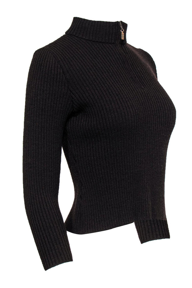 Current Boutique-St. John Sport - Brown Ribbed Mock Turtleneck Quarter Zip Sweater Sz P