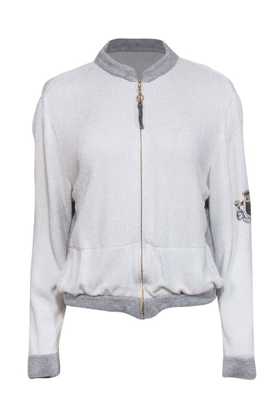 Current Boutique-St. John Sport - Light Grey Sparkly Knit Zip-Up Jacket w/ Embroidered Patch Sz L