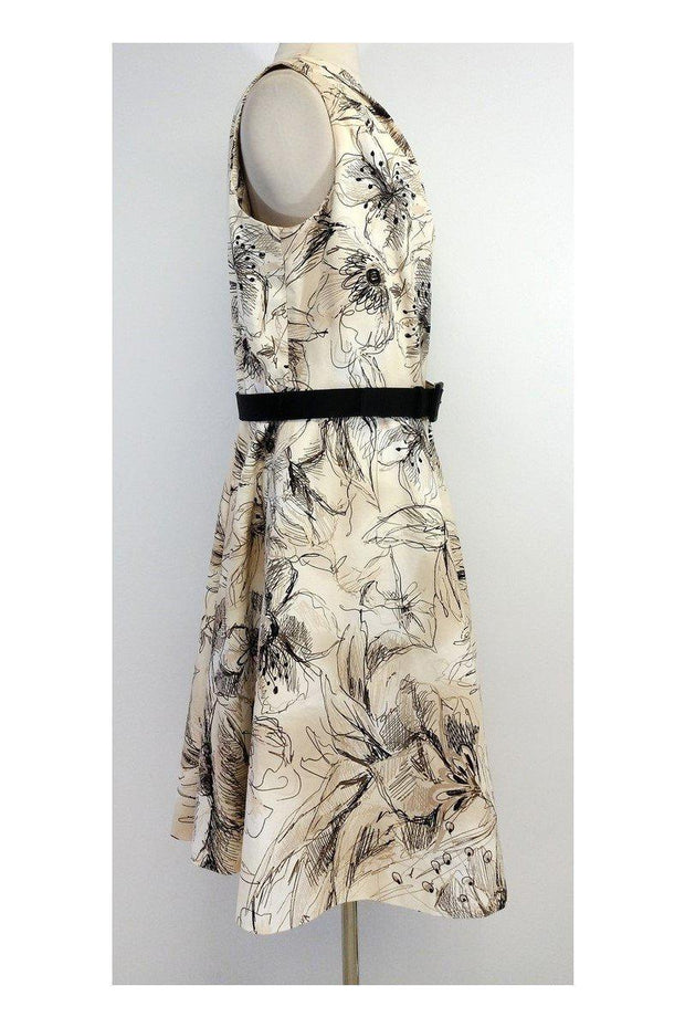 Current Boutique-St. John - Tan & Black Floral Print Cotton One Shoulder Dress Sz 14