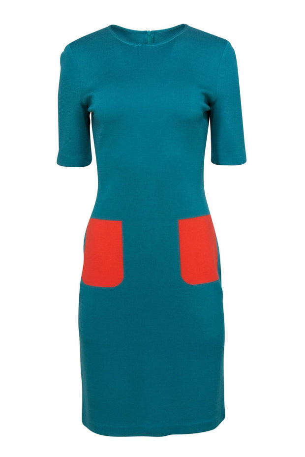 Current Boutique-St. John - Teal Knit Bodycon Dress w/ Contrasting Pockets Sz 4