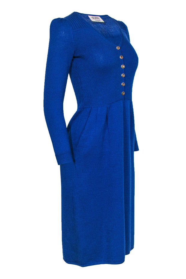 Current Boutique-St. John - Vintage Blue Knit Gold-Button Dress Sz S