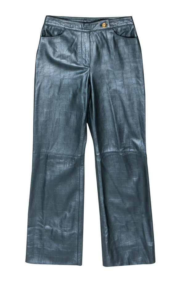 Current Boutique-St. John - Vintage Teal Leather Reptile Embossed Pants Sz M