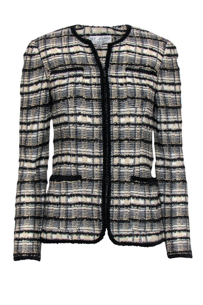 Current Boutique-St. John - White, Black & Gold Knit Tweed Zip-Up Jacket Sz 2
