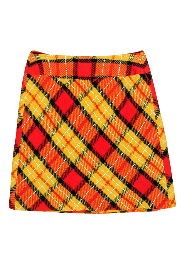 Current Boutique-St. John - Yellow & Orange Plaid A-Line Knit Wrap Skirt Sz 4