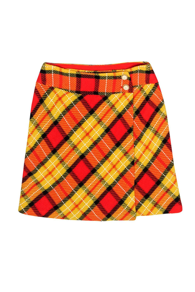 Current Boutique-St. John - Yellow & Orange Plaid A-Line Knit Wrap Skirt Sz 4