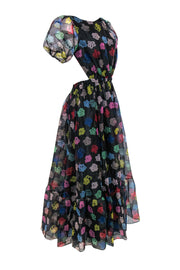 Current Boutique-Staud - Black & Multicolor Floral Print Open Back Puff Sleeve Maxi Dress Sz L