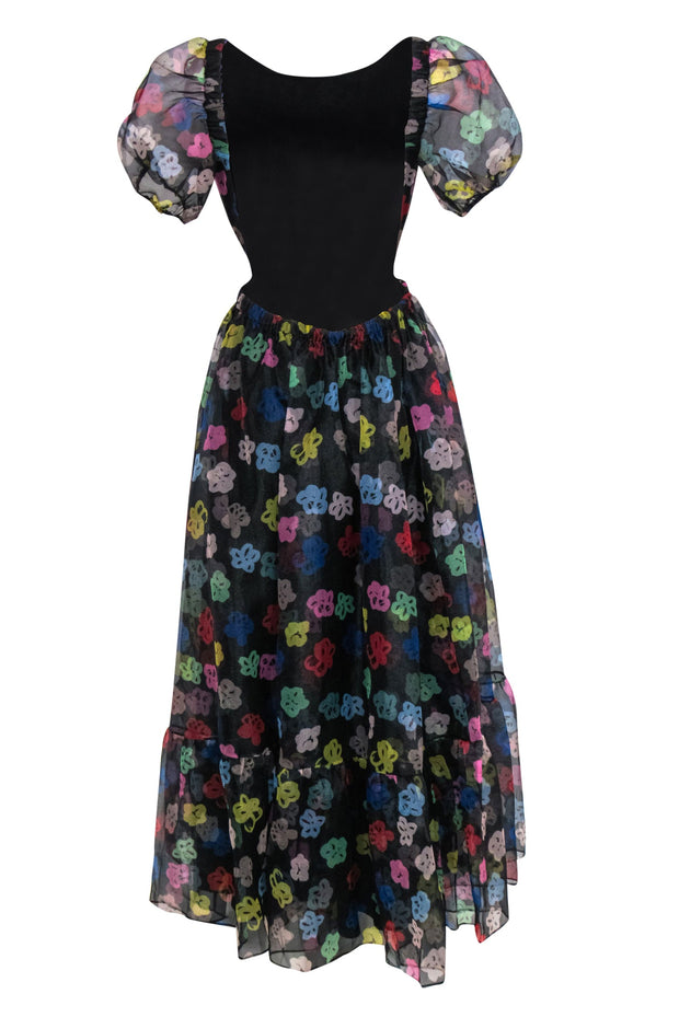 Current Boutique-Staud - Black & Multicolor Floral Print Open Back Puff Sleeve Maxi Dress Sz L