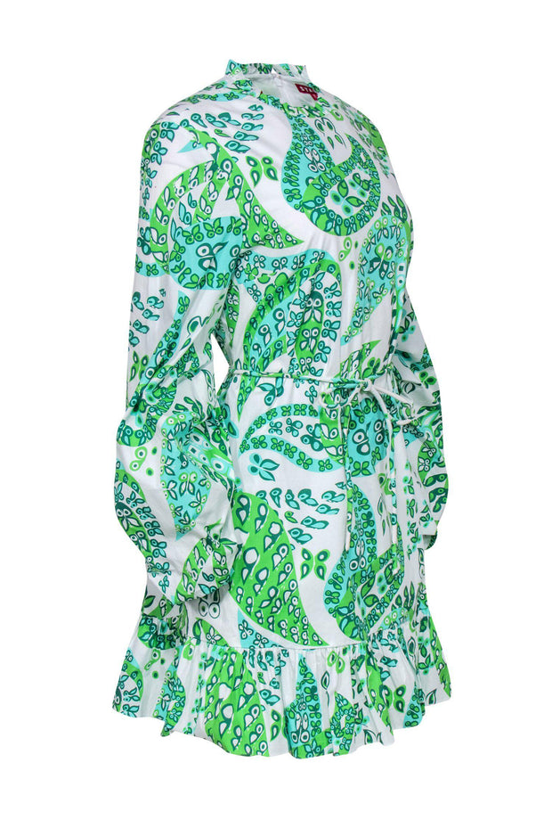 Current Boutique-Staud - Green & White Leaf Paisley Puff Sleeve Dress Sz 10