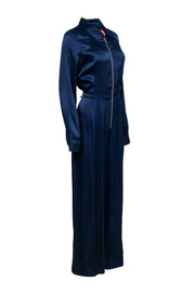 Current Boutique-Staud - Navy Satin Wide Leg Long Sleeve Jumpsuit w/ Floral Embroidery Sz 8