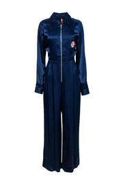 Current Boutique-Staud - Navy Satin Wide Leg Long Sleeve Jumpsuit w/ Floral Embroidery Sz 8