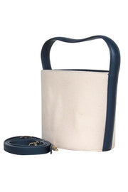Current Boutique-Staud - Tan Canvas & Navy Leather "Bisset" Convertible Bucket Bag