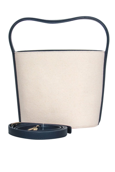 Current Boutique-Staud - Tan Canvas & Navy Leather "Bisset" Convertible Bucket Bag