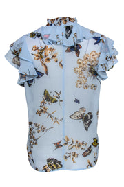 Current Boutique-Steffen Schraut - Light Blue Butterfly & Floral Print Ruffle Blouse w/ Neck Tie Sz 8