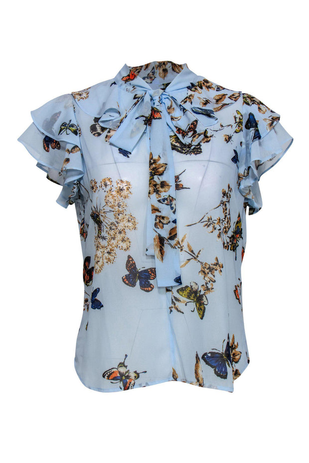 Current Boutique-Steffen Schraut - Light Blue Butterfly & Floral Print Ruffle Blouse w/ Neck Tie Sz 8