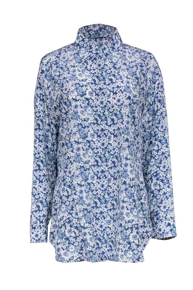 Current Boutique-Stella McCartney - Blue Floral Silk "Mila" Collared Blouse Sz L