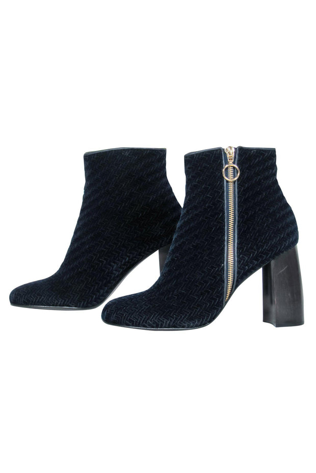 Current Boutique-Stella McCartney - Navy Velvet Woven Block Heel Ankle Booties Sz 8