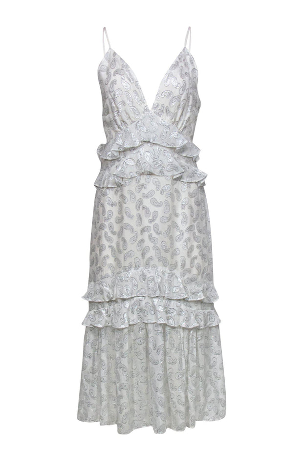 Current Boutique-Stevie May - White & Silver Paisley Ruffle Maxi Dress Sz S