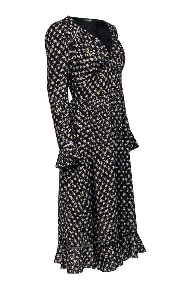 Goya - Black & Star Print Long Sleeve Maxi Dress w/ Flounce Sz S –