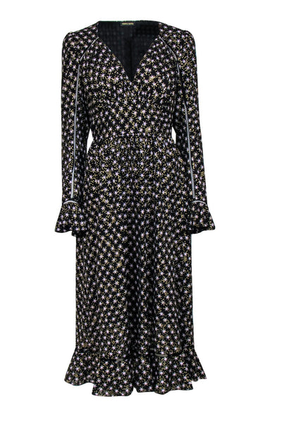 Current Boutique-Stine Goya - Black & Star Print Long Sleeve Maxi Dress w/ Flounce Sz S