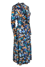 Current Boutique-Stine Goya - Navy & Multicolor Velvet Textured Floral Print Midi Dress Sz L