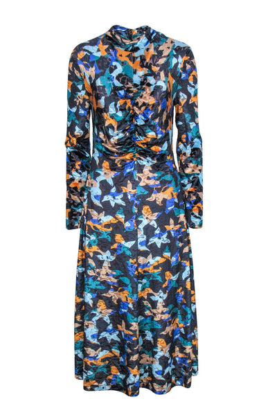 Current Boutique-Stine Goya - Navy & Multicolor Velvet Textured Floral Print Midi Dress Sz L