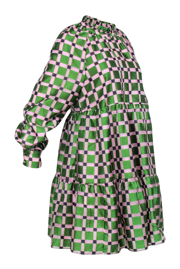 Current Boutique-Stine Goya - Pink & Green Checkered Print PuffSleeve Dress Sz XS