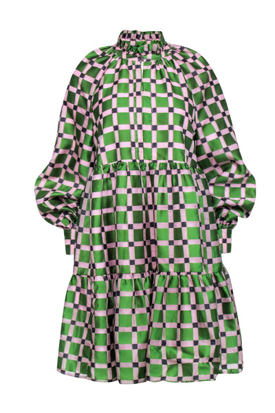 Current Boutique-Stine Goya - Pink & Green Checkered Print PuffSleeve Dress Sz XS