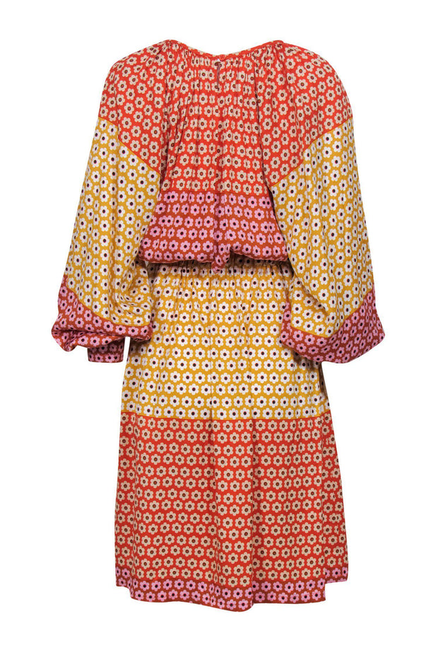 Current Boutique-Stine Goya - Yellow, Red & Pink Colorblocked Floral Print Long Sleeve Midi Dress Sz XS