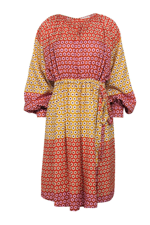 Current Boutique-Stine Goya - Yellow, Red & Pink Colorblocked Floral Print Long Sleeve Midi Dress Sz XS