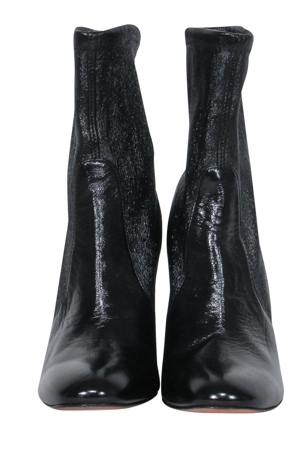 Current Boutique-Stuart Weitzman - Black Crackled Leather Block Heel Booties Sz 6
