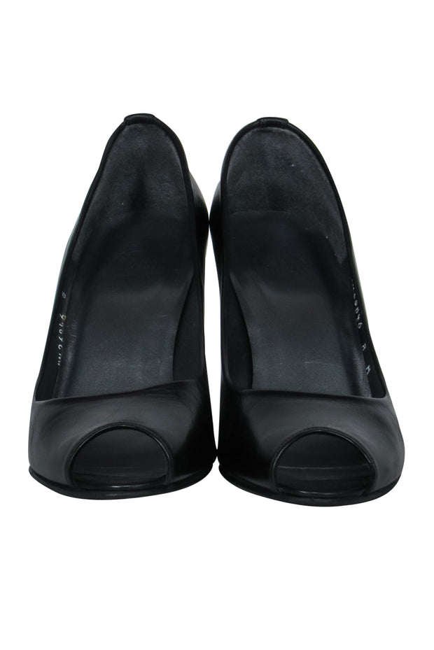 Current Boutique-Stuart Weitzman - Black Leather Peep Toe Wedges Sz 8