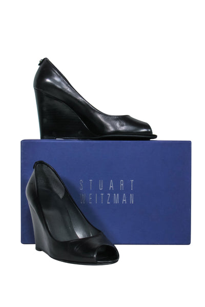 Current Boutique-Stuart Weitzman - Black Leather Peep Toe Wedges Sz 8