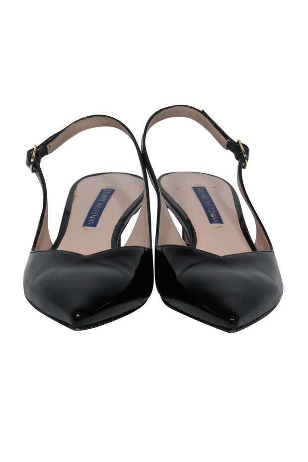Current Boutique-Stuart Weitzman - Black Patent Pointed Toe Kitten Heel Slingbacks Sz 6.5