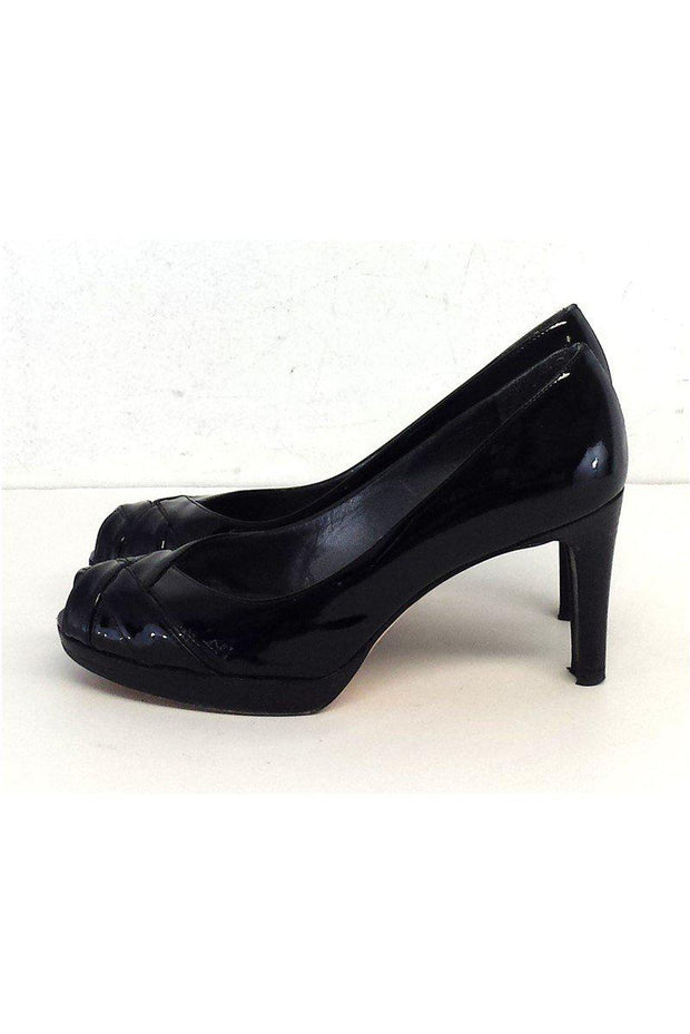 Current Boutique-Stuart Weitzman - Black Patent Woven Peep Toe Heels Sz 6