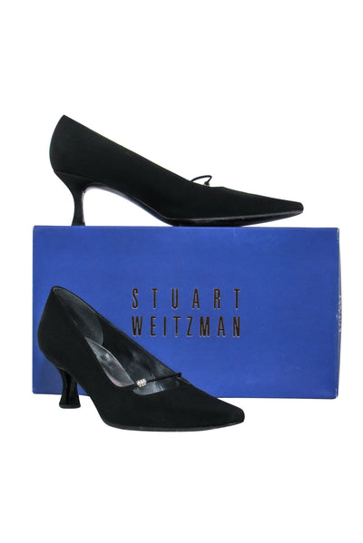 Current Boutique-Stuart Weitzman - Black Pointed Toe Kitten Heels w/ Jeweled Embellishment Sz 7
