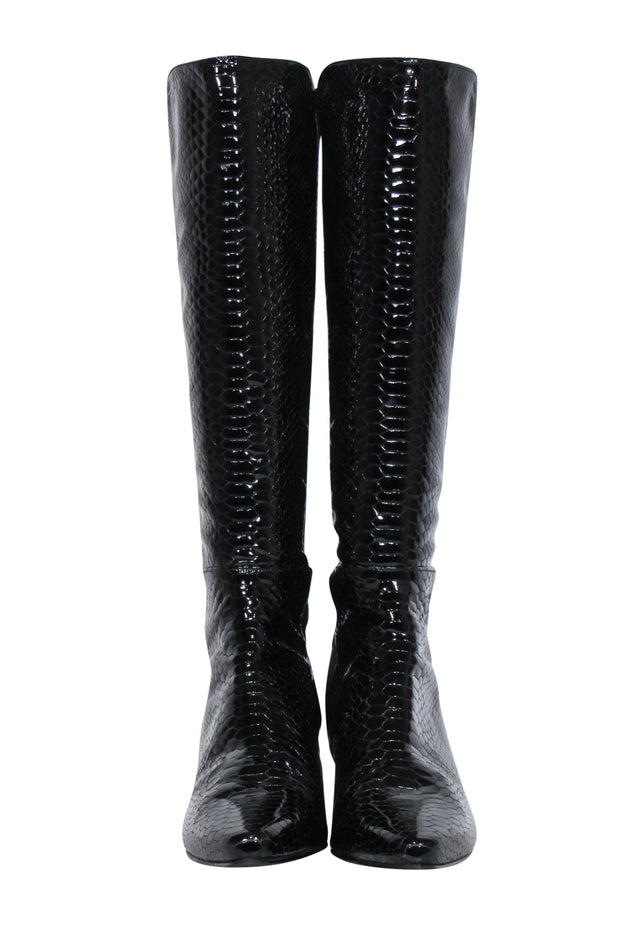 Current Boutique-Stuart Weitzman - Black Reptile Embossed Patent Leather Boots Sz 9