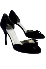 Current Boutique-Stuart Weitzman - Black Satin Jeweled Peep Toe Heels Sz 10