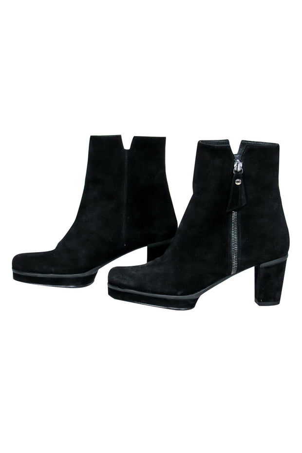 Current Boutique-Stuart Weitzman - Black Suede Block Heel Platform Ankle Booties Sz 5.5