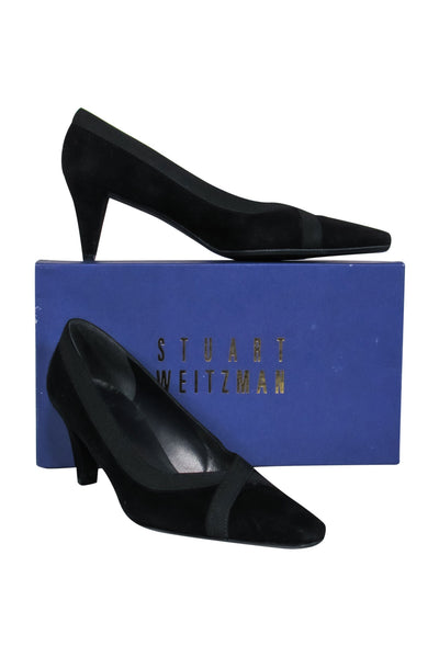 Current Boutique-Stuart Weitzman - Black Suede Pointed Toe Pumps w/ Ribbon Trim Sz 9.5